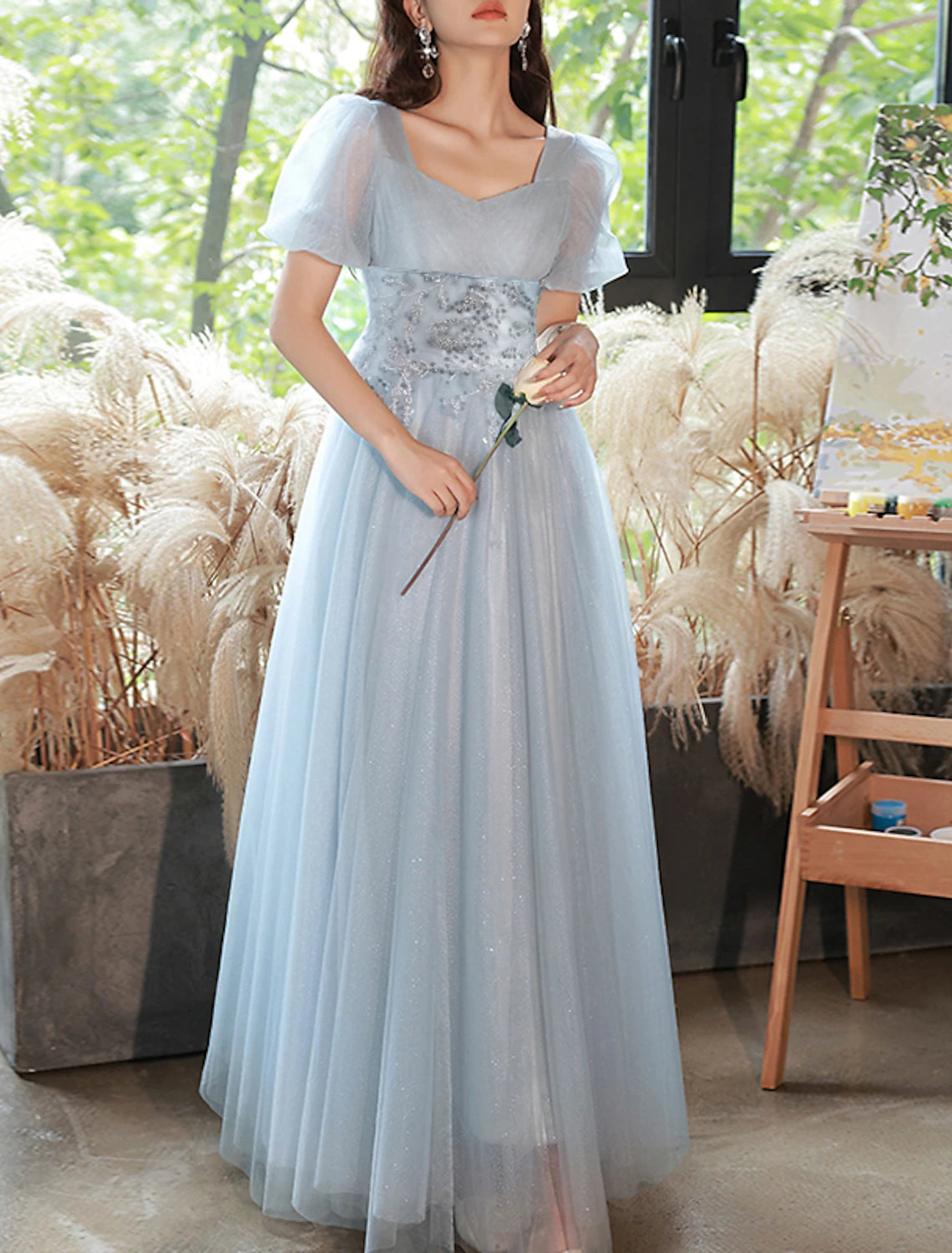 Abito da sera a trapezio, scintillante e brillante, abito da festa per San Valentino, lunghezza al pavimento, manica corta, scollo a cuore, tulle con perline e strati